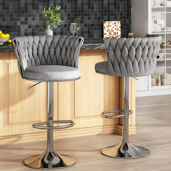 Velvet Bar Stool Set of 2,Counter Height Barstools Adjustable Kitchen Island Chairs,Swivel Bar Stool Upholstered Bar Chairs Counter Stool with Back & Footrest, Grey - Image 1