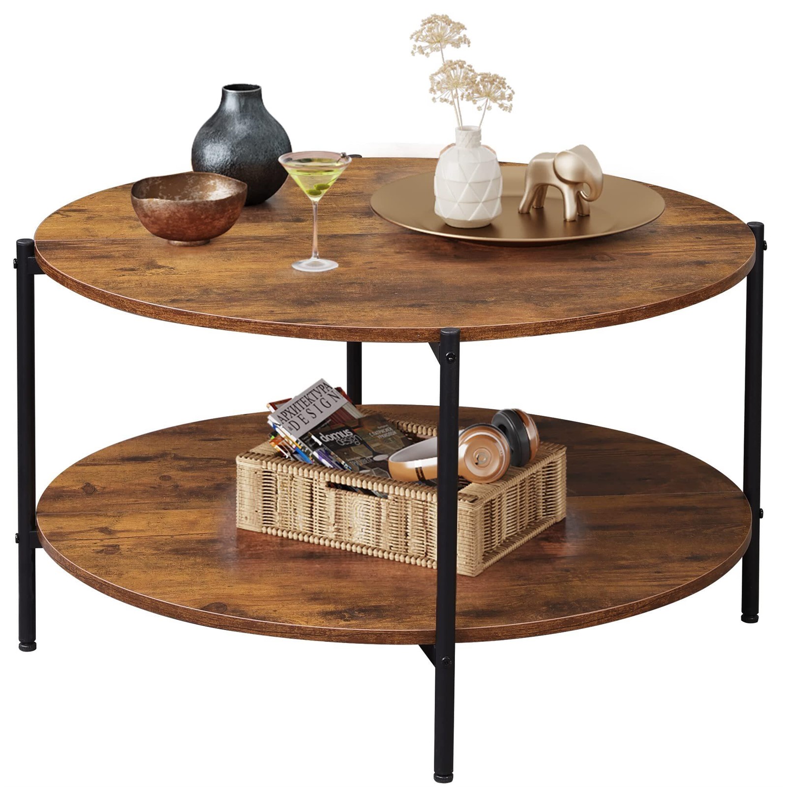 Round Coffee Table, 32.6 Small Coffee Table with Storage Shelf, 2-Tier Circle Wood Center Table for Living Room, Apartment, Rustic Brown - Image 1