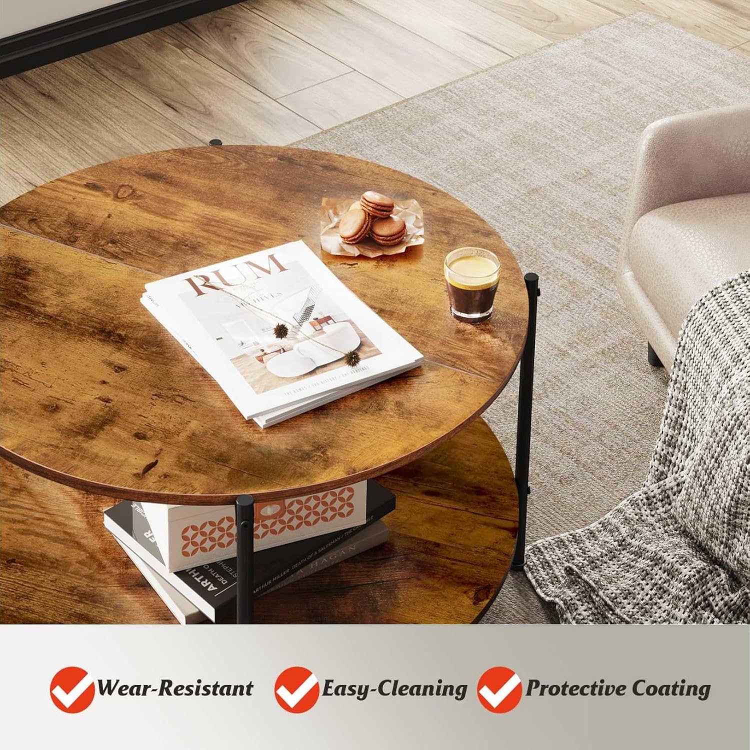 Round Coffee Table, 32.6 Small Coffee Table with Storage Shelf, 2-Tier Circle Wood Center Table for Living Room, Apartment, Rustic Brown - Image 2