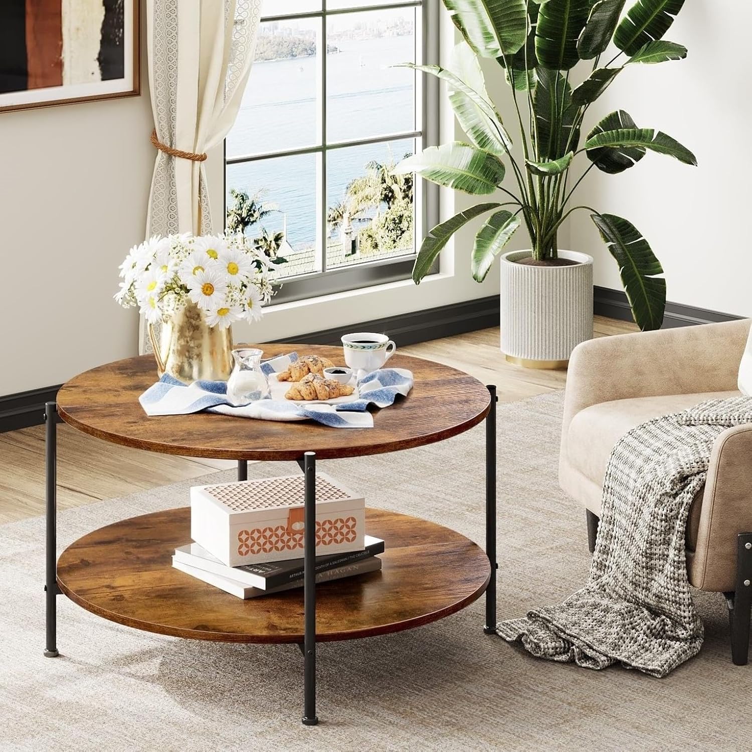 Round Coffee Table, 32.6 Small Coffee Table with Storage Shelf, 2-Tier Circle Wood Center Table for Living Room, Apartment, Rustic Brown - Image 3