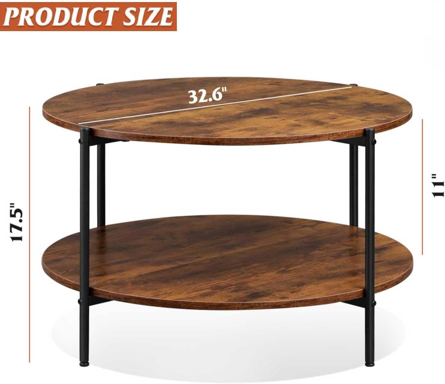 Round Coffee Table, 32.6 Small Coffee Table with Storage Shelf, 2-Tier Circle Wood Center Table for Living Room, Apartment, Rustic Brown - Image 4