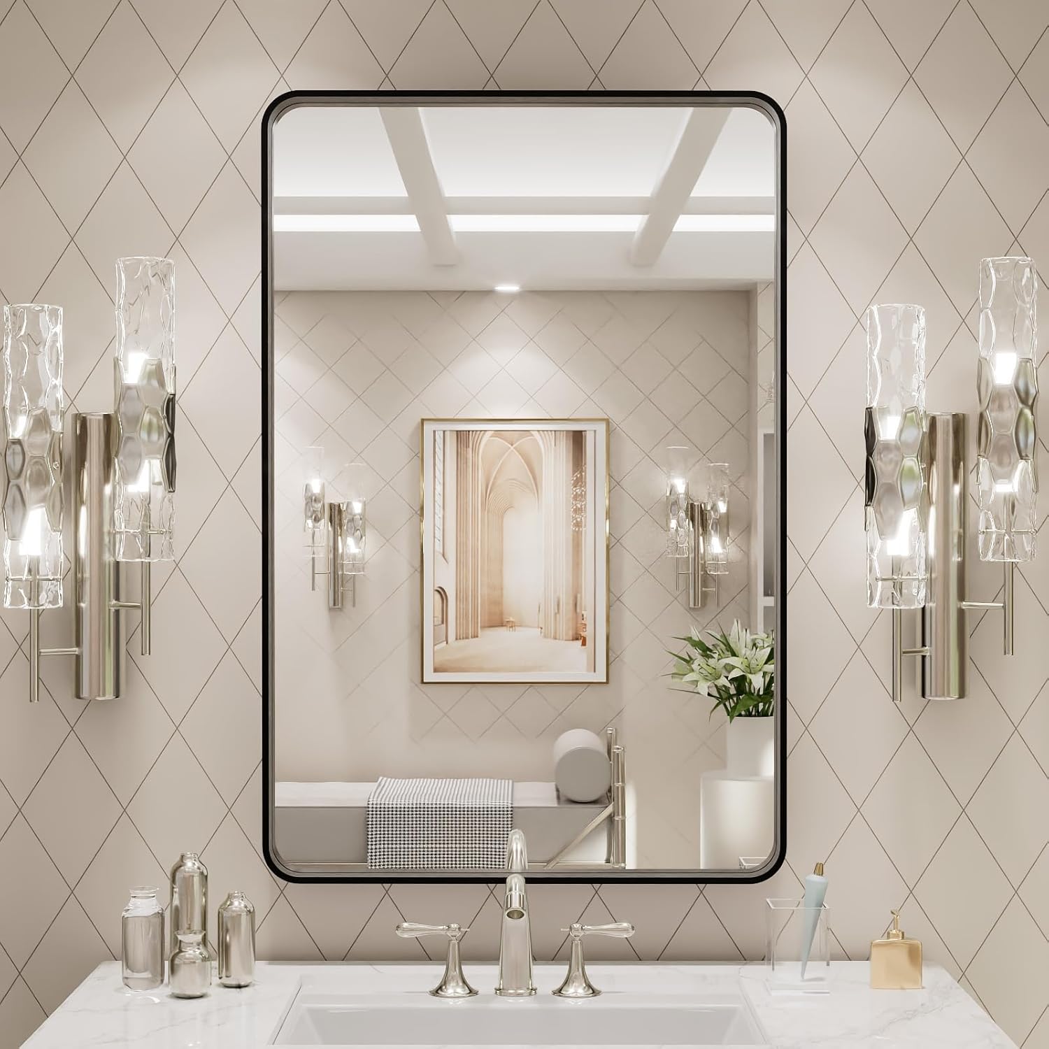 20x30 Inch Black Metal Framed Bathroom Mirror for Wall, Matte Black Bathroom Vanity Mirror Farmhouse, Large Rounded Rectangle Mirror, Anti-Rust, Hangs Horizontally or Vertically  - Image 4