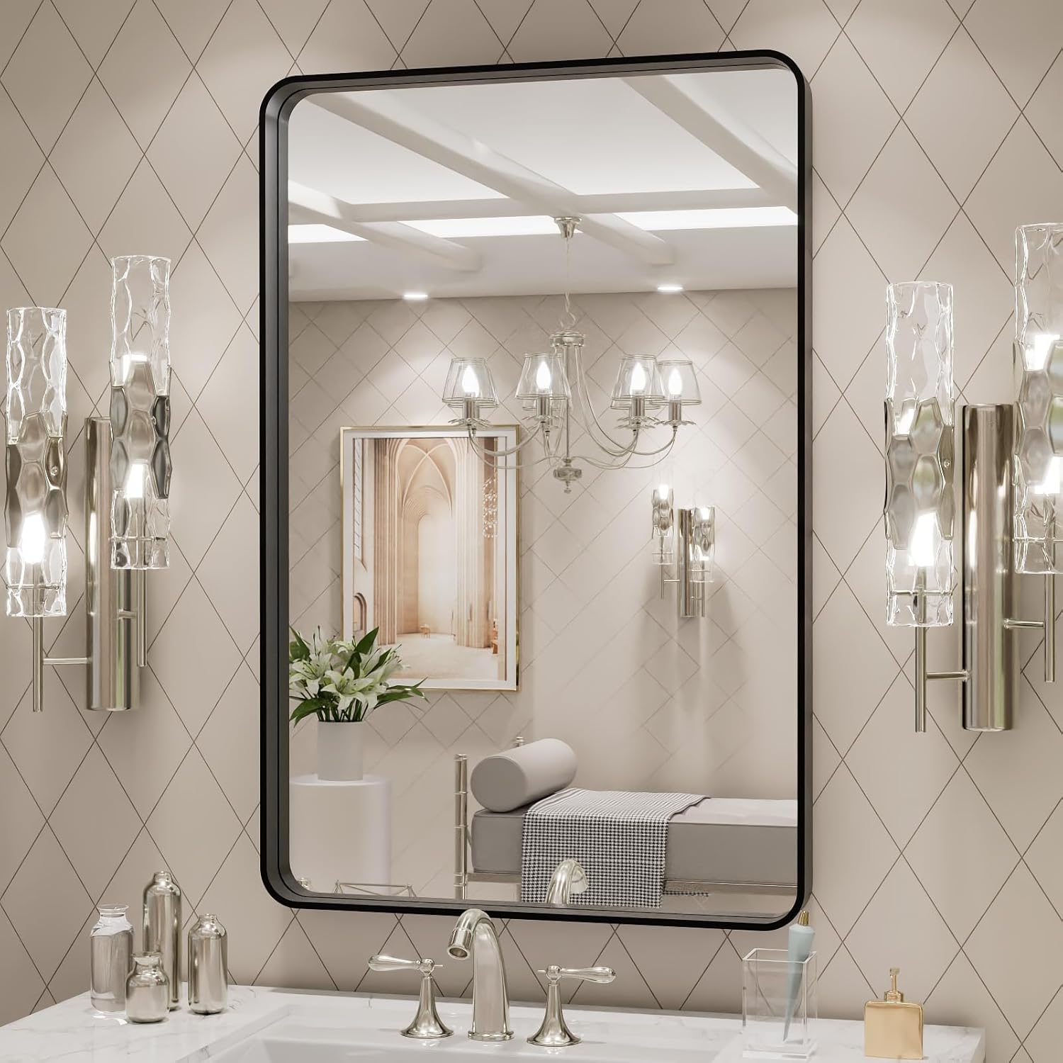 20x30 Inch Black Metal Framed Bathroom Mirror for Wall, Matte Black Bathroom Vanity Mirror Farmhouse, Large Rounded Rectangle Mirror, Anti-Rust, Hangs Horizontally or Vertically  - Image 5
