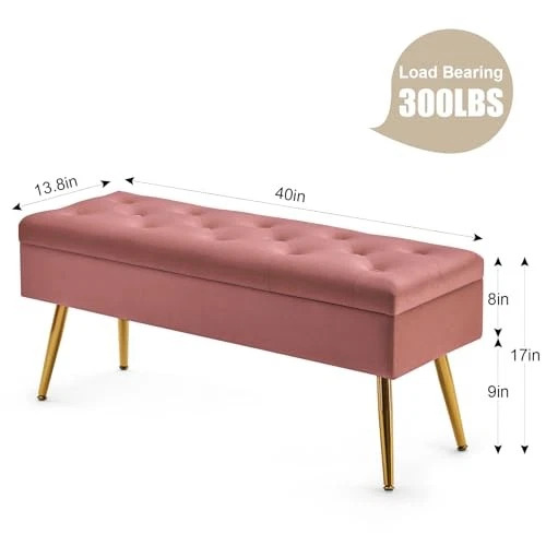 Storage Bench with Storage for Bedroom End of Bed Foot of Bed Entryway Storage Ottoman Bench 40" W x 13.8" D Pink Velvet - Image 4
