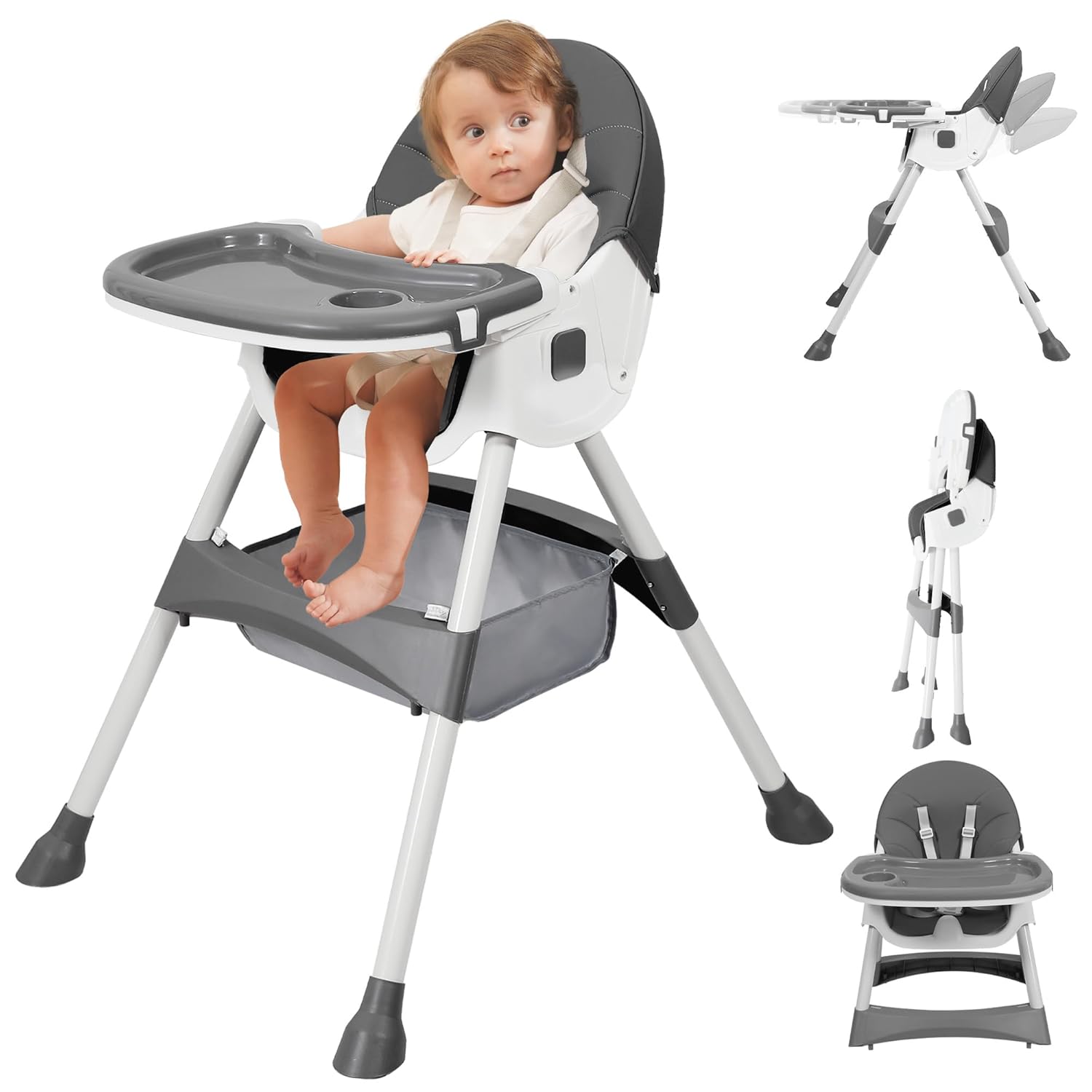 Baby High Chair, Grey, 6 in 1 Convertible High Chairs for Babies and Toddlers with 5-Point Safety Harness,Foldable High Chair for Space-Saving, Adjustable Dining Tray,Backrest & Height,Easy to Clean Surface - Image 1
